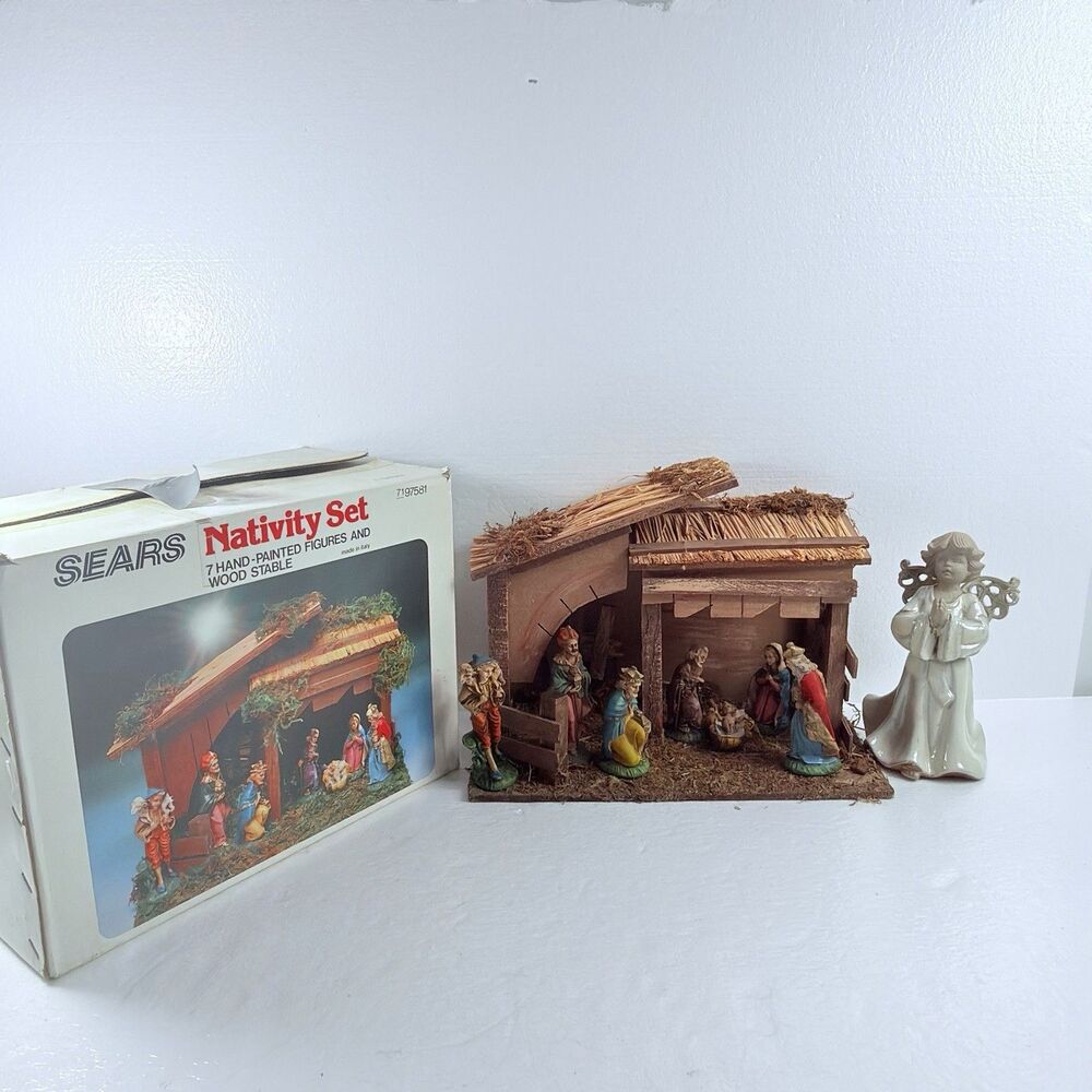 Vintage SEARS Nativity Set 7 Hand Painted Figures & Wood Stable Christmas Decor